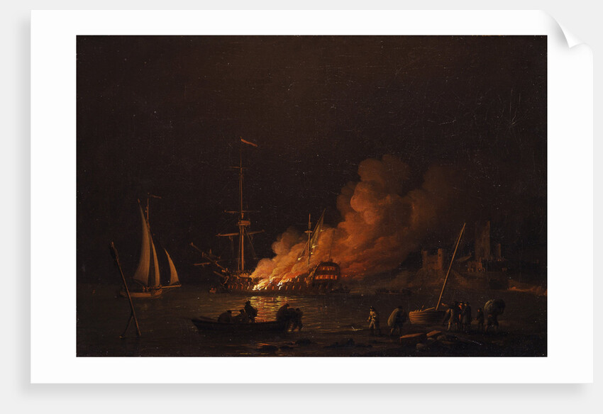 Ship on fire at night, ca 1756 by Charles Brooking