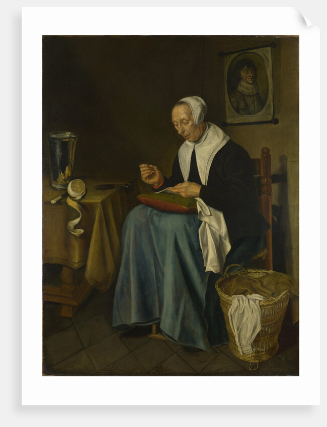 An Old Woman seated sewing, 1655 by Johannes van der Aeck
