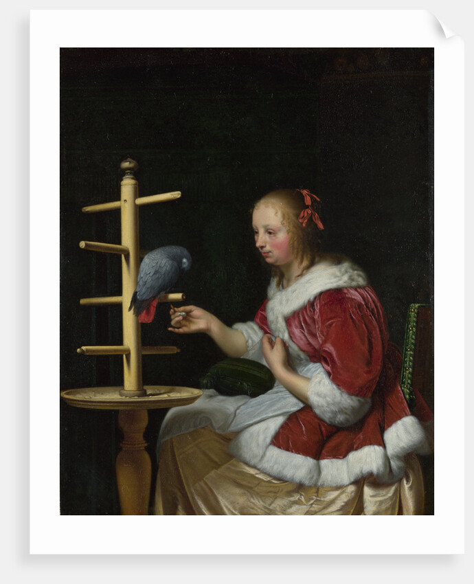 A Woman in a Red Jacket feeding a Parrot, ca 1663 by Frans van Mieris the Elder