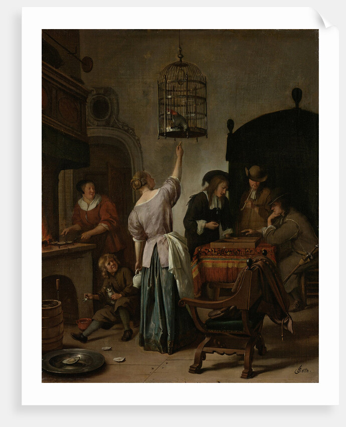 Interior With A Woman Feeding A Parrot Two Men Playing Backgammon And Other Figures (The Parrot Cage), 1670 by Jan Havicksz Steen