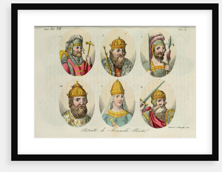 1. Rurik 2. Igor of Kiev 3. Olga 4. Sviatoslav 5. Vladimir the Great 14. Ivan IV (from Il costume antico? by Giulio Ferrario), 1831 by Luigi Giarrè