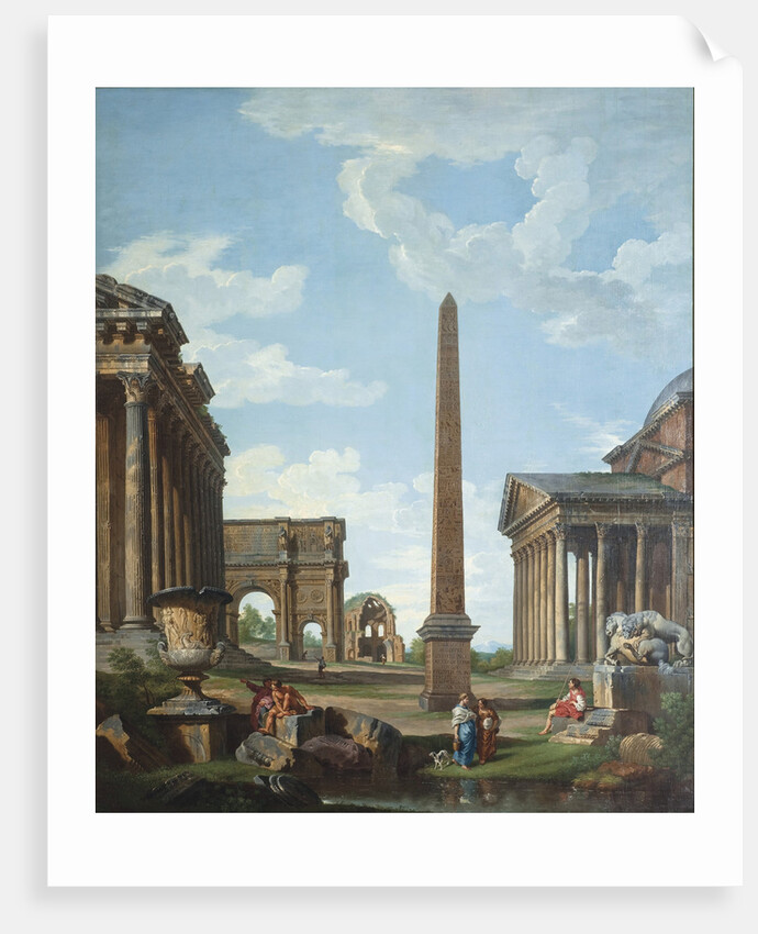 A capriccio with Roman ruins and a scene from the Life of Belisarius by Giovanni Paolo Panini