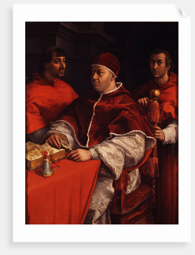 Portrait of Pope Leo X with Cardinals Giulio de Medici and Luigi de Rossi, ca 1518 by Raphael