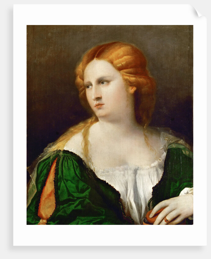 Young woman in a green dress, a box in her hand, ca 1514 by Jacopo Palma il Vecchio the Elder
