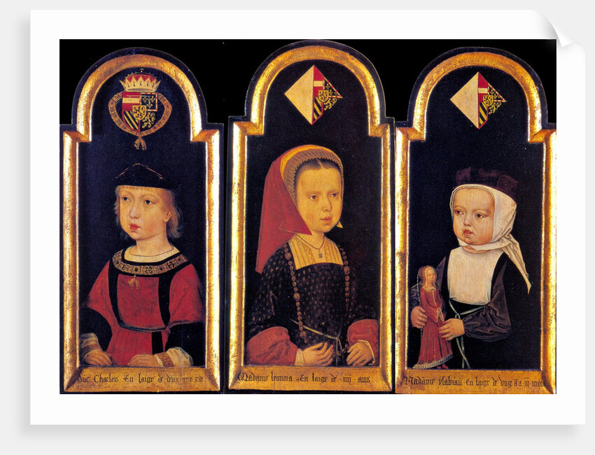 Archduke Charles, the later Holy Roman Emperor Charles V., with his sisters Eleanor and Isabella at the age of 2 years, 1502 by Master of St.Georgsgilde