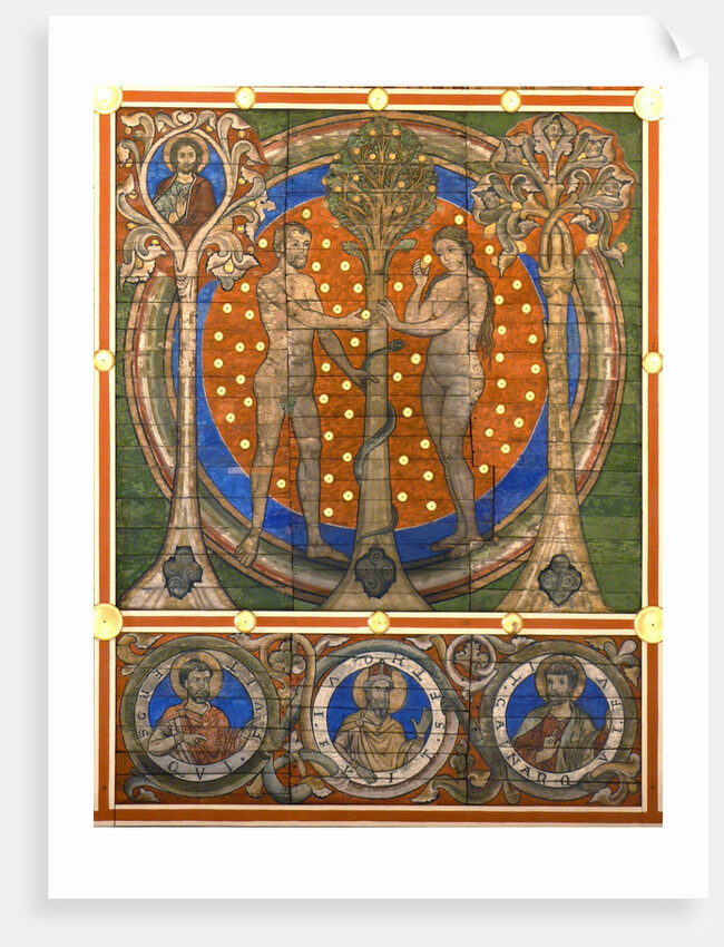 dam and Eve. Detail of the painted wooden ceiling of the St. Michaels Church, Hildesheim, ca 1230 by Master of Lower Saxony