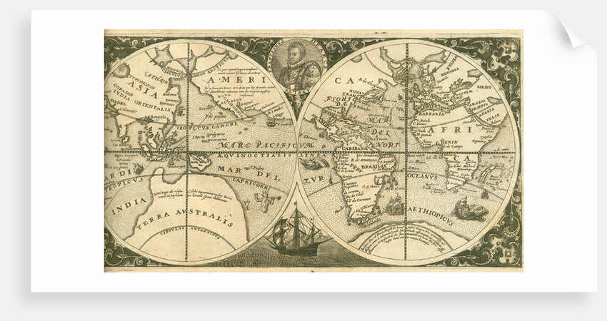 Title page of Americae Pars VIII (with a portrait of Francis Drake and his ship, the Golden Hind), 1 by Theodor de Bry
