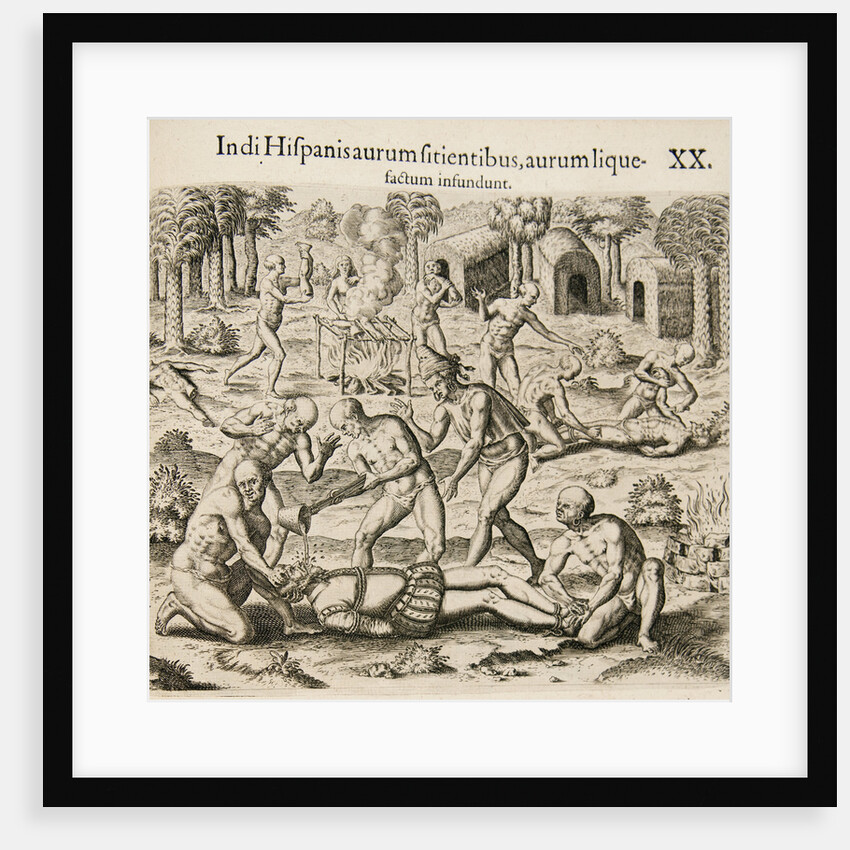 Because the Spanish thirst for gold, the Indians pour liquid gold into them. by Theodor de Bry