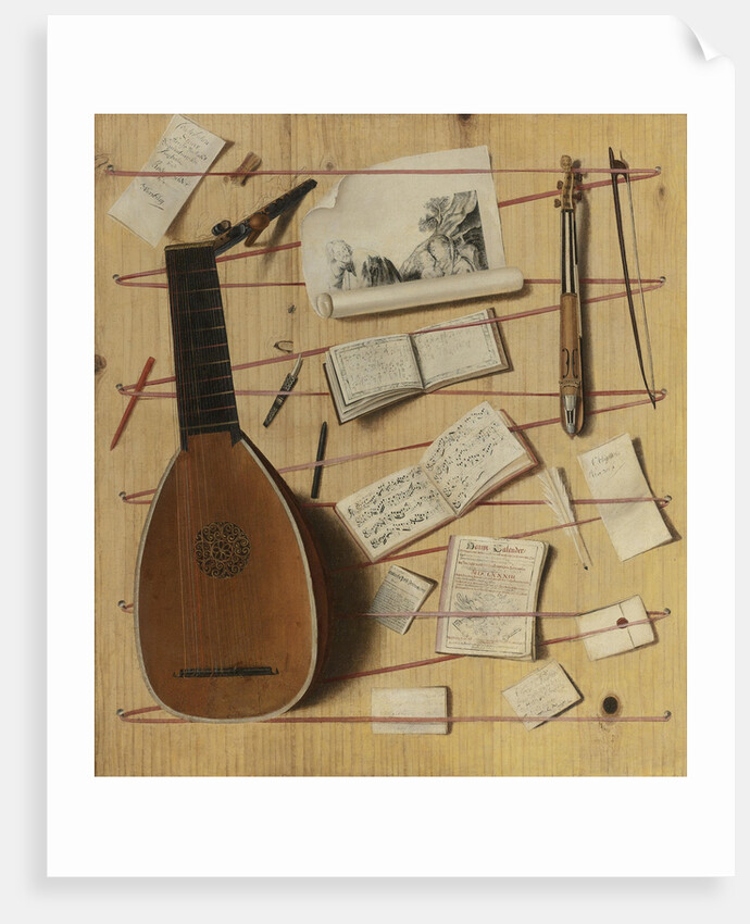 Trompe loeil still life with a lute, rebec and music sheets by Cornelis Norbertus Gijsbrechts