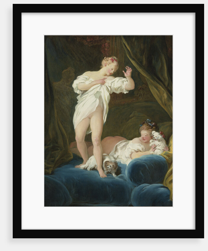 Two Girls on a Bed Playing with their Dogs by Jean Honoré Fragonard