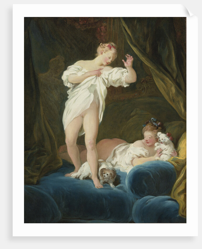 Two Girls on a Bed Playing with their Dogs by Jean Honoré Fragonard