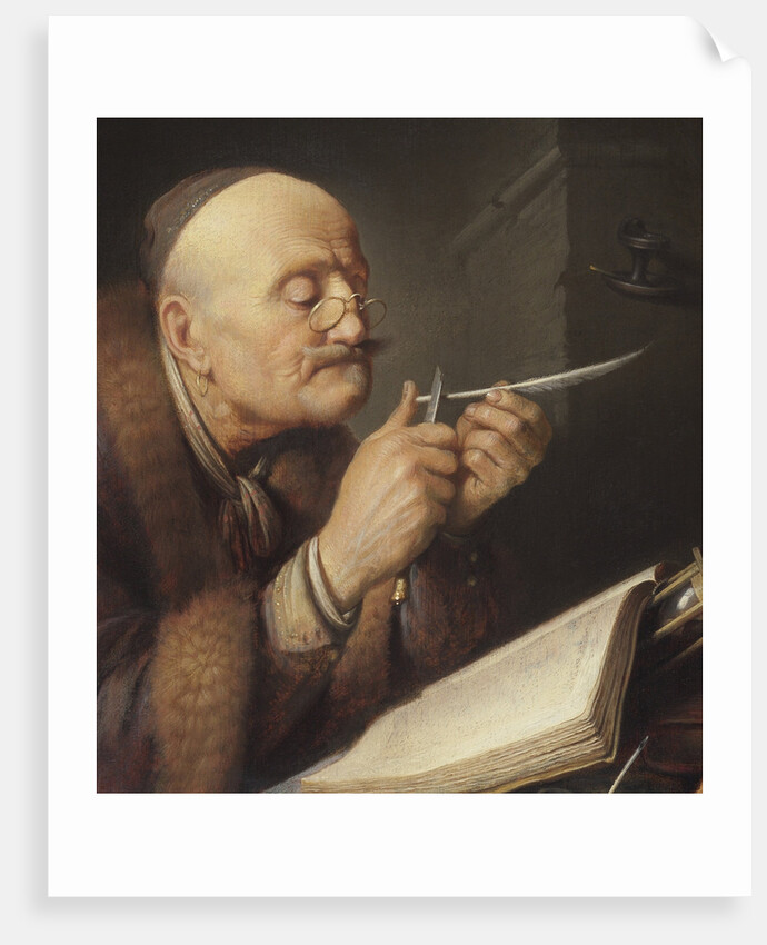 Scholar sharpening a quill pen by Gerard Dou