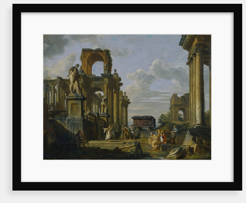 Architectural Capriccio of the Roman Forum with Philosophers and Soldiers among Ancient Ruins by Giovanni Paolo Panini