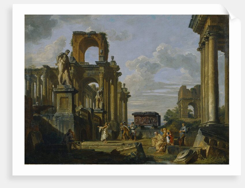 Architectural Capriccio of the Roman Forum with Philosophers and Soldiers among Ancient Ruins by Giovanni Paolo Panini