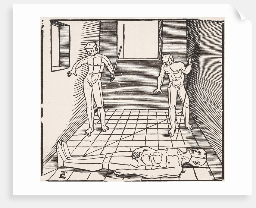 Three male figures in a room by Erhard Schoen