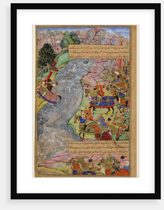 Jalal al-Din Khwarazm-Shah crossing the rapid Indus river, escaping Chinggis Khan and his army, 1597 by Dharm Das