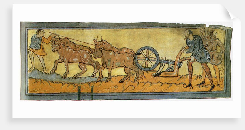 Peasants ploughing (Miniature from the Cotton MS Tiberius), 11th century by Anonymous