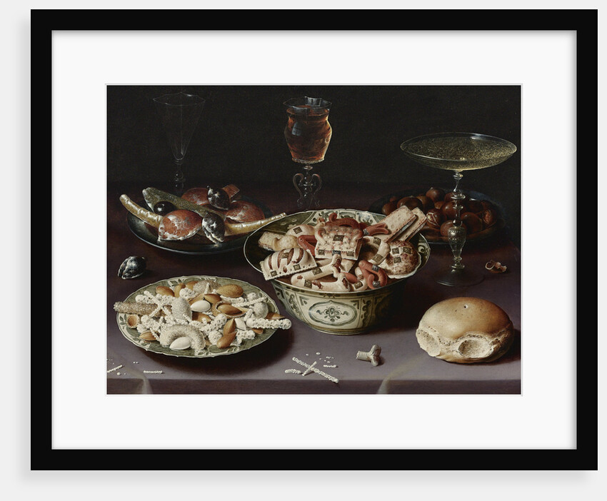 Still life with sweets, chestnuts and a bread roll by Osias Beert the Elder
