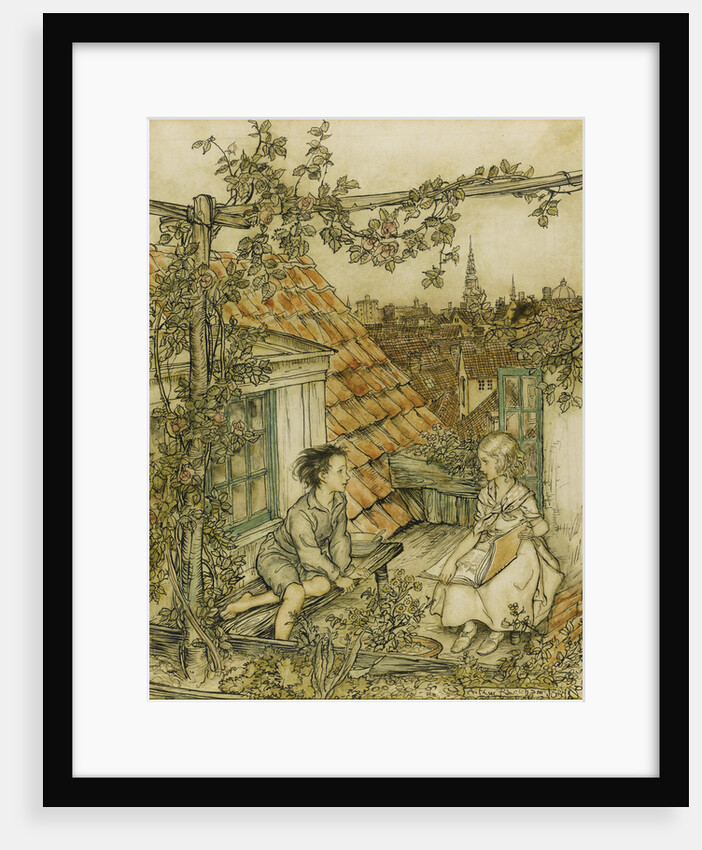 Kay and Gerda in their garden high up on the roof. Illustration for the tale of The Snow Queen, 18 by Arthur Rackham
