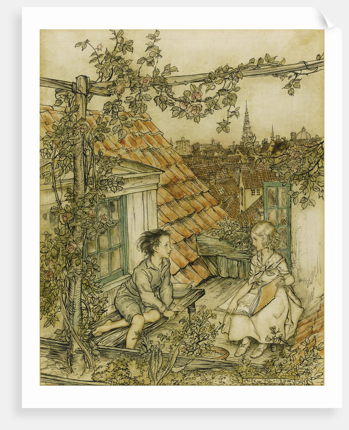 Kay and Gerda in their garden high up on the roof. Illustration for the tale of The Snow Queen, 18 by Arthur Rackham