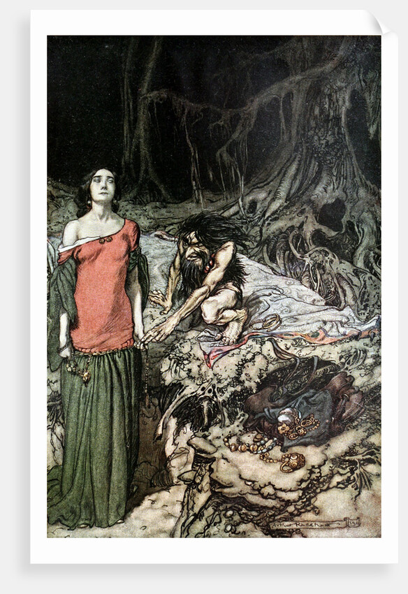 The wooing of Grimhilde, the mother of Hagen. Illustration for Siegfried and The Twilight of the Go by Arthur Rackham