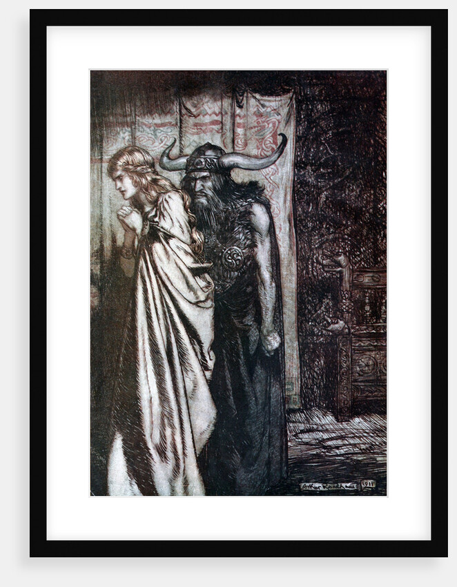 O wife betrayed I will avenge they trust deceived! Illustration for Siegfried and The Twilight of t by Arthur Rackham