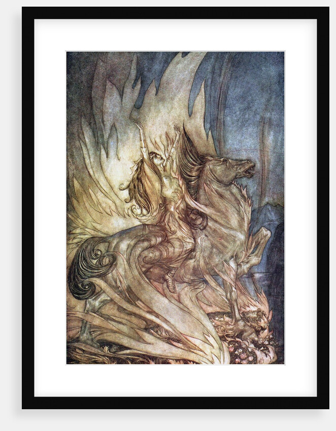 Brünnhilde on Grane leaps onto the funeral pyre of Siegfried. Illustration for Siegfried and The Tw by Arthur Rackham