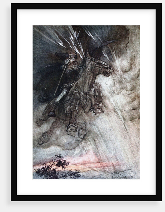 Furiously Wotan is riding to the rock. Illustration for The Rhinegold and The Valkyrie by Richard by Arthur Rackham