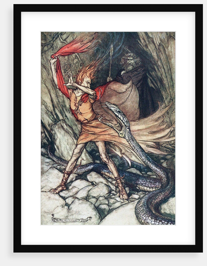 Ohe! Ohe! Terrible dragon, oh, swallow me not! Illustration for The Rhinegold and The Valkyrie by by Arthur Rackham