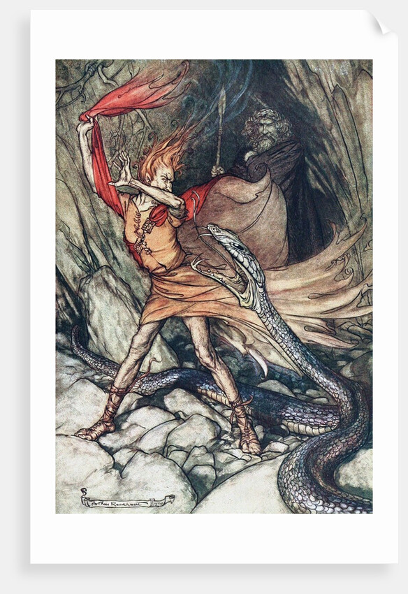 Ohe! Ohe! Terrible dragon, oh, swallow me not! Illustration for The Rhinegold and The Valkyrie by by Arthur Rackham