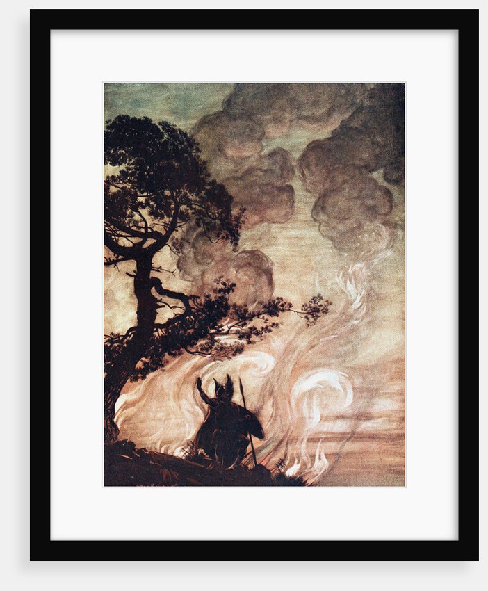 Wotan turns and looks sorrowfully back at Brünnhilde. Illustration for The Rhinegold and The Valkyr by Arthur Rackham