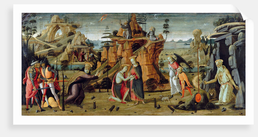 Landscape with biblical scenes and legends of the saints by Jacopo del Sellaio