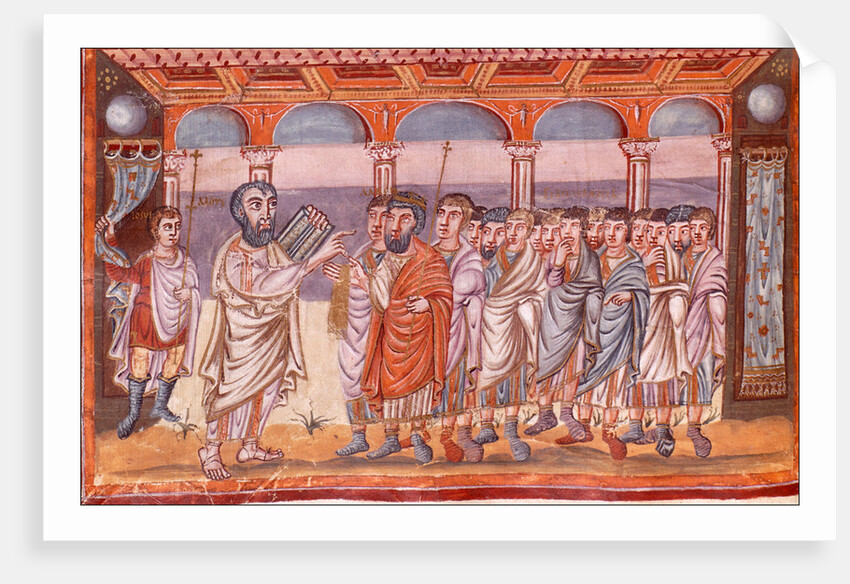 Moses receiving the tablets of law (Miniature from the Moutier-Grandval Bible), ca 830-ca 840 by Anonymous