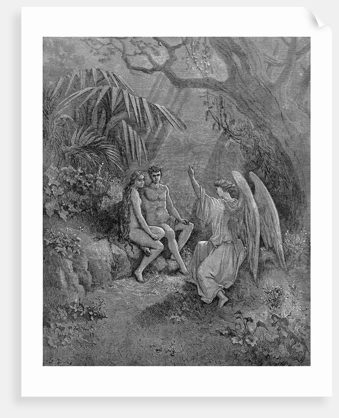 Raphael talks to Adam and Eve. Illustration for John Miltons Paradise Lost, 1866 by Gustave Doré