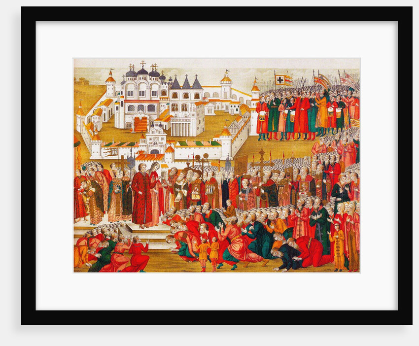 A crowd at the Hypatian Monastery imploring Mikhail Romanovs mother to let him go to Moscow and bec by Artamon Sergeevich Matveyev