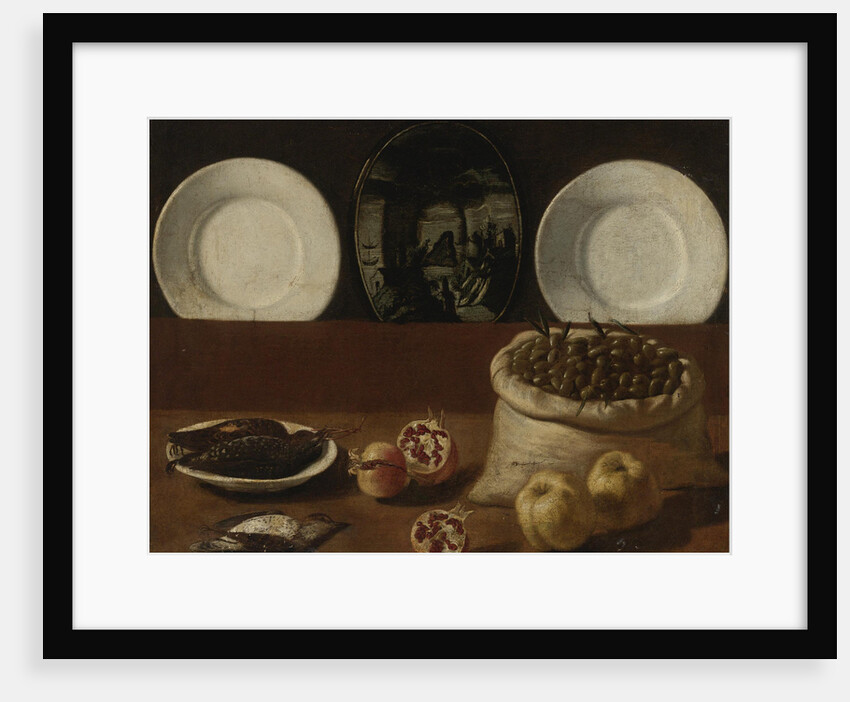Still life with plates, a sack filled with olives, game, pomegranates, and quince by Paolo Antonio Barbieri