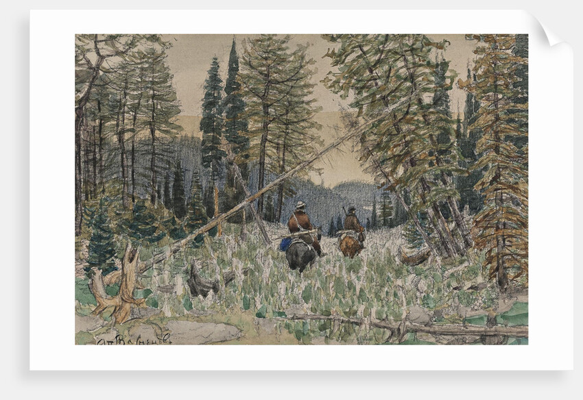 Hunters on horseback in a pine forest by Appolinari Mikhaylovich Vasnetsov