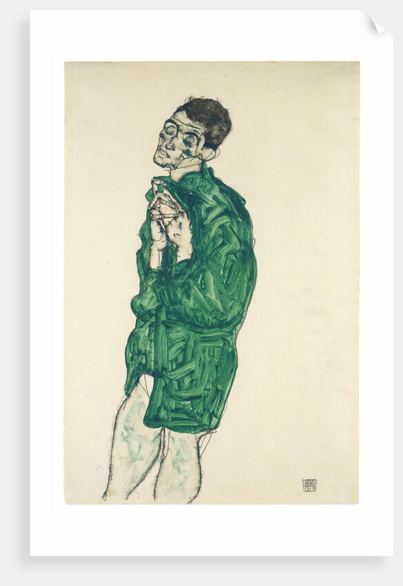 Self-portrait in green shirt with eyes closed, 1914 by Egon Schiele