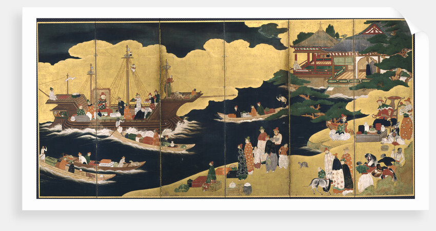Arrival of a Portuguese ship. Nanban screen, ca. 1600 by Anonymous