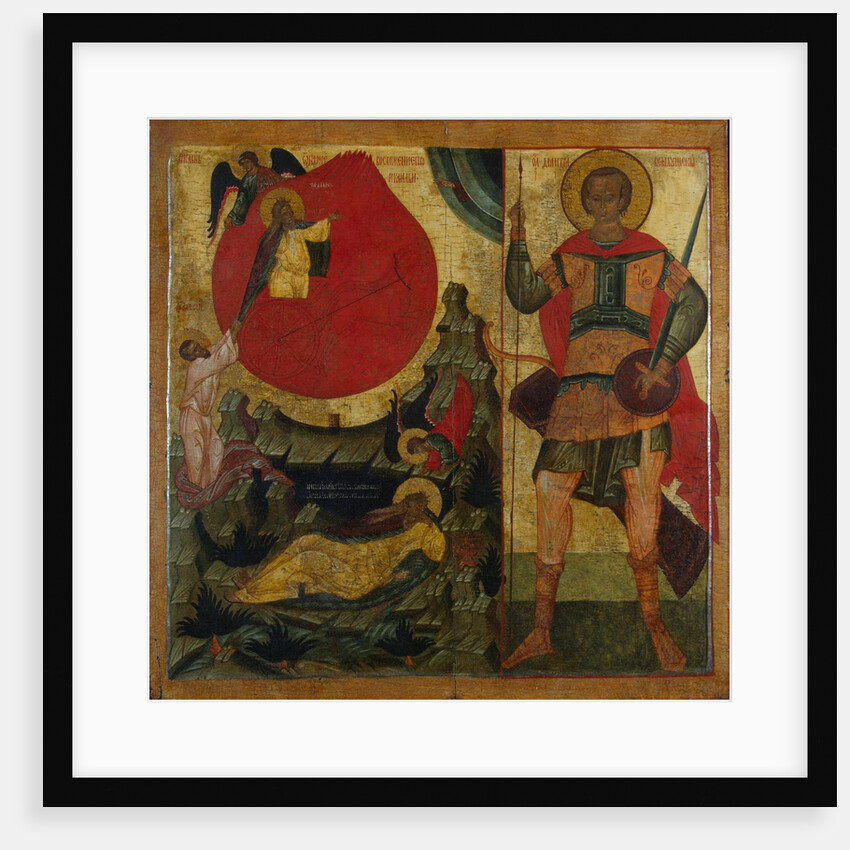 The Prophet Elijah and the Fiery Chariot. Saint Demetrius of Thessaloniki, Mid of 16th century by Russian icon