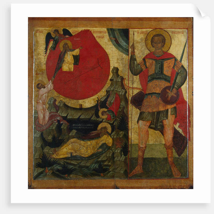 The Prophet Elijah and the Fiery Chariot. Saint Demetrius of Thessaloniki, Mid of 16th century by Russian icon