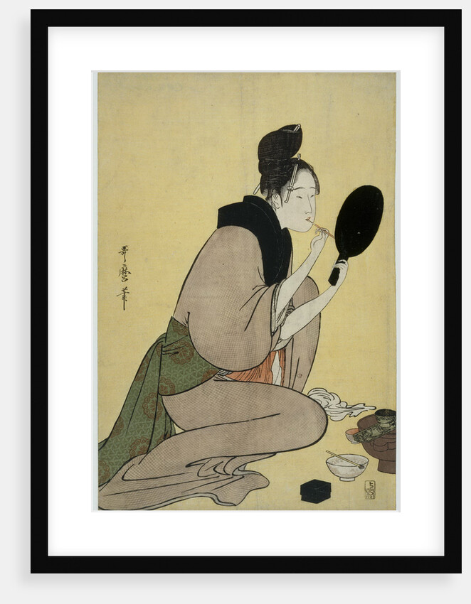 Bijin-ga. Girl applying makeup to her lips by Kitagawa Utamaro