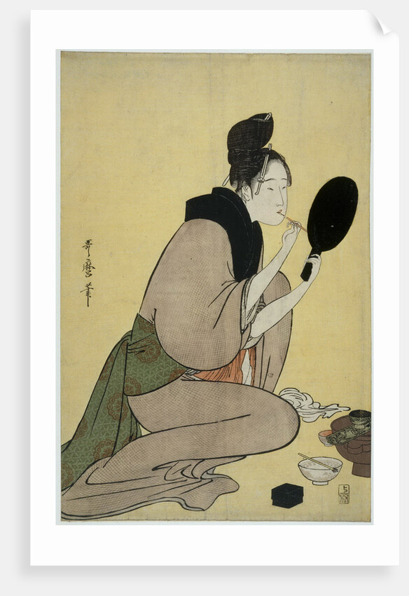 Bijin-ga. Girl applying makeup to her lips by Kitagawa Utamaro
