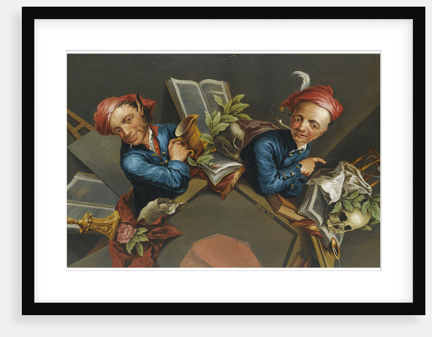 An anamorphic Trompe lOeil with a Vanitas still life by Anonymous