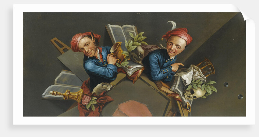 An anamorphic Trompe lOeil with a Vanitas still life by Anonymous