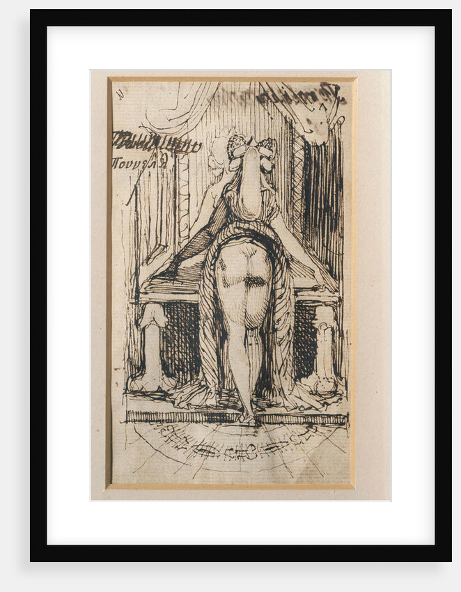 Callipyga. Lady with raised skirts, standing in front of a dressing table with phallic supports by Anonymous