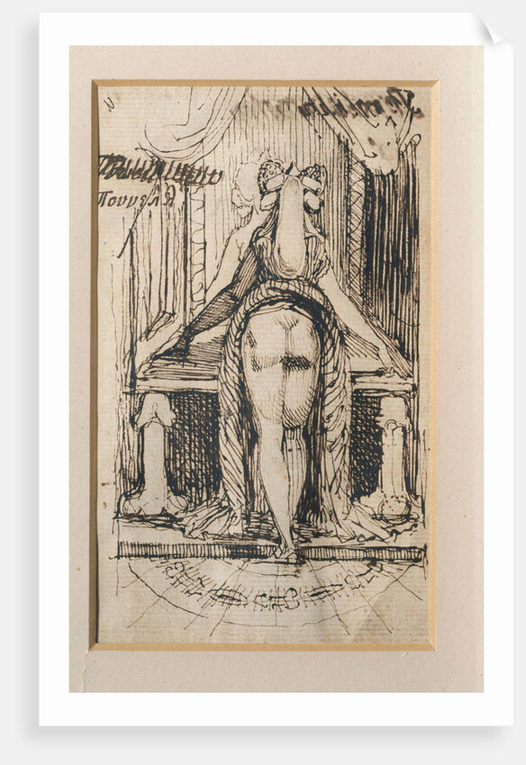 Callipyga. Lady with raised skirts, standing in front of a dressing table with phallic supports by Anonymous
