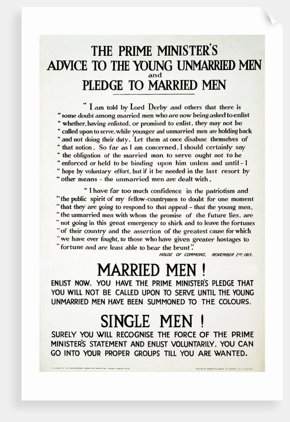 Recruitment Poster The Prime Minister's Advise to the Young Unmarried Men and Pledge to Married Men by Anonymous