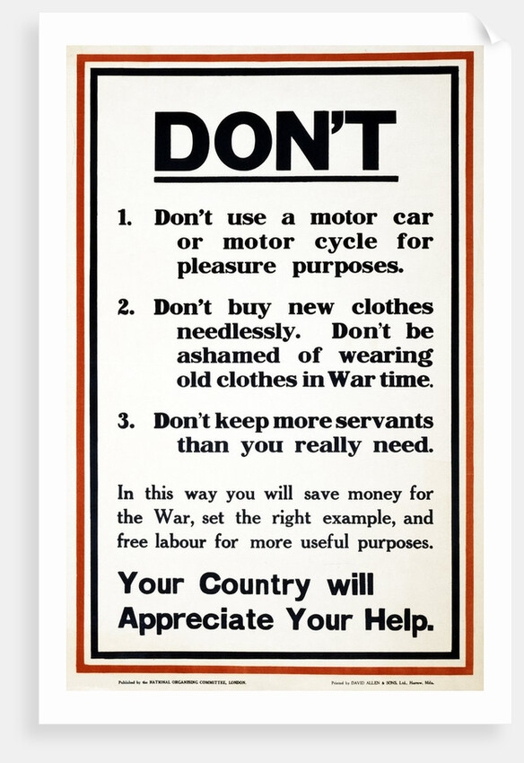 WW1 Poster appealing to the public to support the war effort by being frugal, 1917 by Anonymous