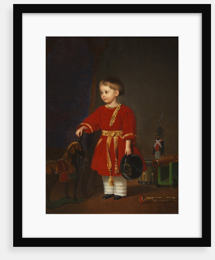 Portrait of a boy in a red dress with military toys by Anonymous